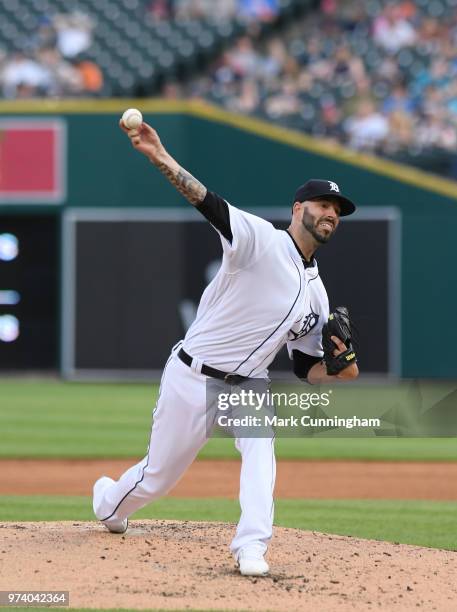 Mike Fiers of the Detroit Tigers pitches during the game against the Los Angeles Angels of Anaheim at Comerica Park on May 30, 2018 in Detroit,...