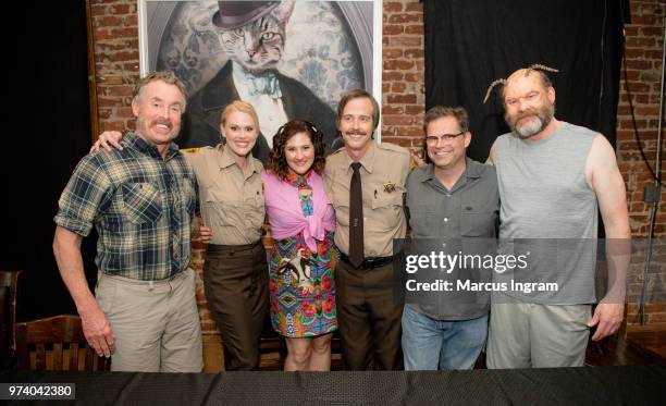 John C. McGinley, Janet Varney, Deborah Baker Jr., Nate Mooney, Dana Gould, and David Koechner attend the panel discussion for 'Stan Against Evil' on...