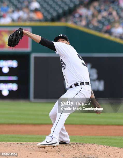 Mike Fiers of the Detroit Tigers pitches during the game against the Los Angeles Angels of Anaheim at Comerica Park on May 30, 2018 in Detroit,...