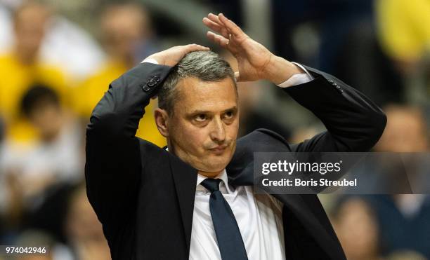 Head coach Dejan Radonjic of Bayern Muenchen reacts during the fourth play-off game of the German Basketball Bundesliga finals at Mercedes-Benz Arena...