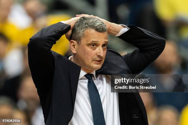 Head coach Dejan Radonjic of Bayern Muenchen reacts during the fourth play-off game of the German Basketball Bundesliga finals at Mercedes-Benz Arena...