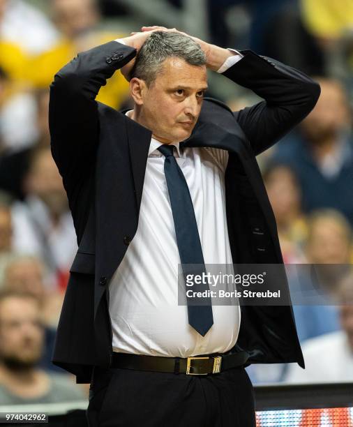 Head coach Dejan Radonjic of Bayern Muenchen reacts during the fourth play-off game of the German Basketball Bundesliga finals at Mercedes-Benz Arena...