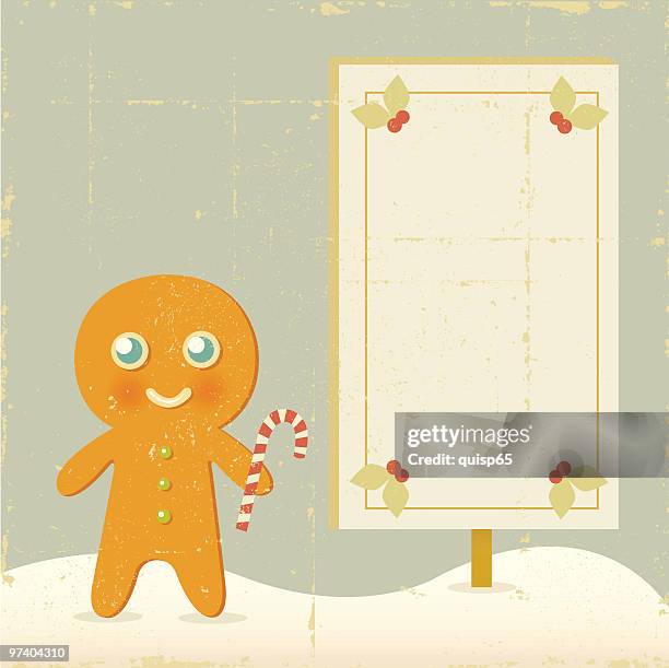ilustraciones, imágenes clip art, dibujos animados e iconos de stock de vintage hombre de jengibre con cartel - figurita de jengibre