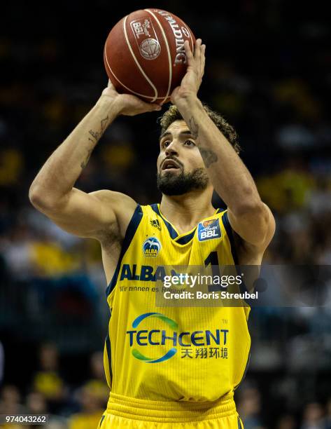 Joshiko Saibou of ALBA Berlin in action during the fourth play-off game of the German Basketball Bundesliga finals at Mercedes-Benz Arena on June 13,...