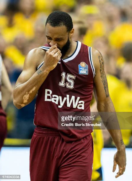 Reggie Redding of Bayern Muenchen reacts during the fourth play-off game of the German Basketball Bundesliga finals at Mercedes-Benz Arena on June...