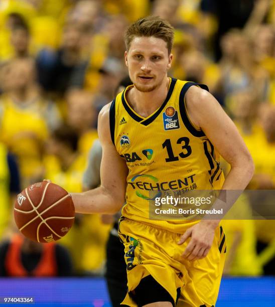 Marius Grigonis of ALBA Berlin in action during the fourth play-off game of the German Basketball Bundesliga finals at Mercedes-Benz Arena on June...