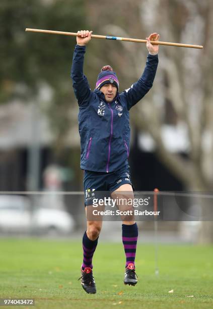 Billy Slater of the Storm performs a fitness test during a Melbourne Storm NRL training session at Gosch's Paddock on June 14, 2018 in Melbourne,...