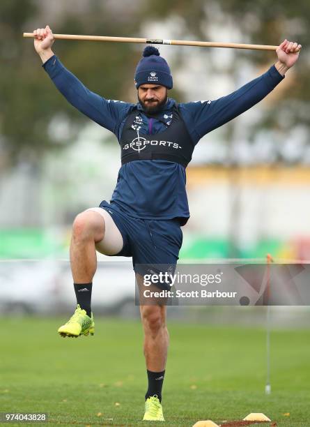 Jesse Bromwich of the Melbourne Storm performs a fitness test during a Melbourne Storm NRL training session at Gosch's Paddock on June 14, 2018 in...