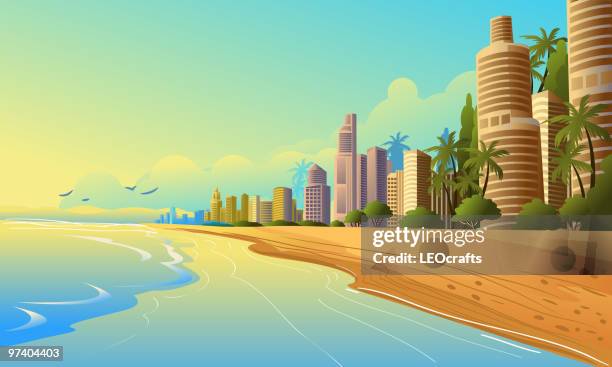 stockillustraties, clipart, cartoons en iconen met city on the beach - waterlijn