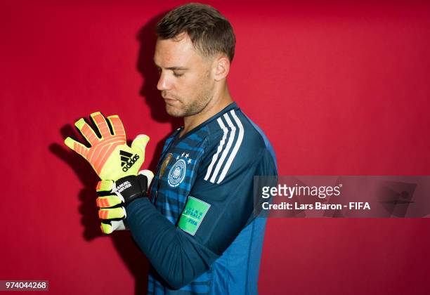 Goalkeeper Manuel Neuer of Germany poses for a portrait during the official FIFA World Cup 2018 portrait session on June 13, 2018 in Moscow, Russia.