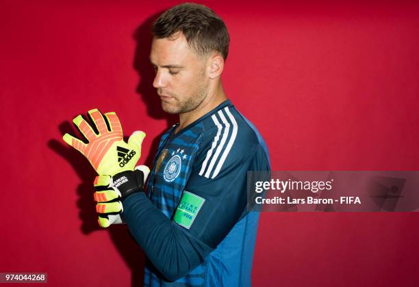 Goalkeeper Manuel Neuer of Germany poses for a portrait during the official FIFA World Cup 2018 portrait session on June 13, 2018 in Moscow, Russia.