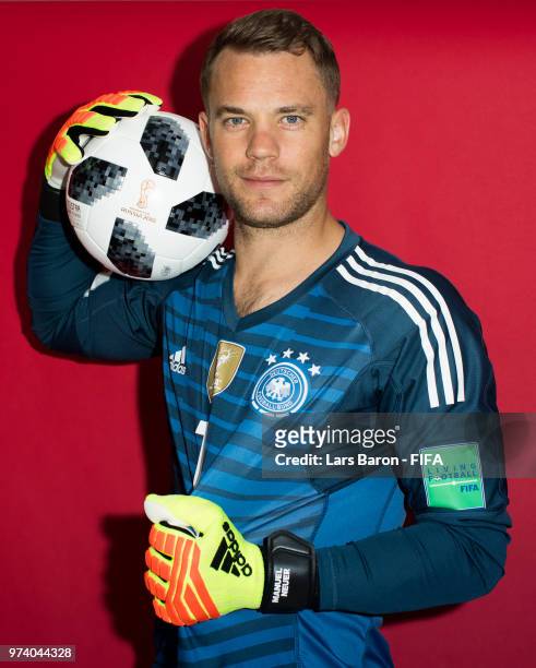 Goalkeeper Manuel Neuer of Germany poses for a portrait during the official FIFA World Cup 2018 portrait session on June 13, 2018 in Moscow, Russia.