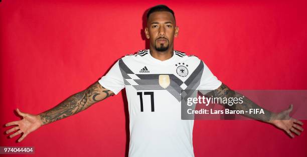 Jerome Boateng of Germany poses for a portrait during the official FIFA World Cup 2018 portrait session on June 13, 2018 in Moscow, Russia.