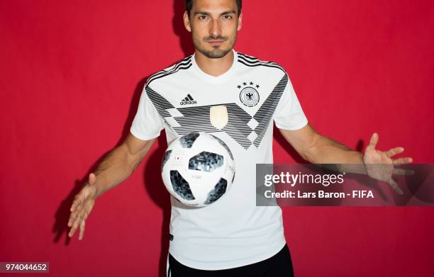 Mats Hummels of Germany poses for a portrait during the official FIFA World Cup 2018 portrait session on June 13, 2018 in Moscow, Russia.