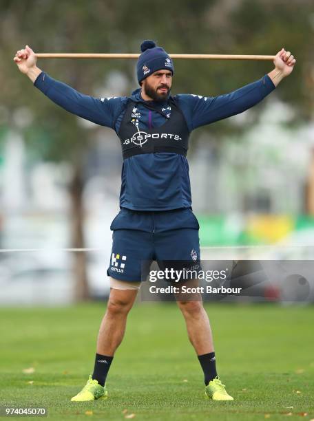 Jesse Bromwich of the Melbourne Storm performs a fitness test during a Melbourne Storm NRL training session at Gosch's Paddock on June 14, 2018 in...