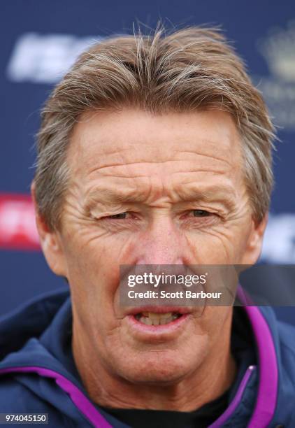 Craig Bellamy, coach of the Storm speaks to the media during a Melbourne Storm NRL training session at Gosch's Paddock on June 14, 2018 in Melbourne,...