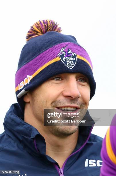 Billy Slater of the Storm looks on during a Melbourne Storm NRL training session at Gosch's Paddock on June 14, 2018 in Melbourne, Australia.