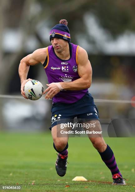 Billy Slater of the Storm performs a fitness test during a Melbourne Storm NRL training session at Gosch's Paddock on June 14, 2018 in Melbourne,...