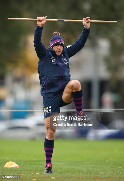 Billy Slater of the Storm performs a fitness test during a Melbourne Storm NRL training session at Gosch's Paddock on June 14, 2018 in Melbourne,...