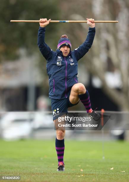 Billy Slater of the Storm performs a fitness test during a Melbourne Storm NRL training session at Gosch's Paddock on June 14, 2018 in Melbourne,...