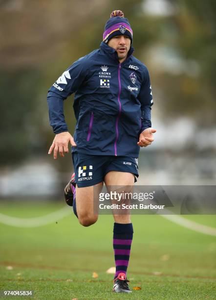 Billy Slater of the Storm performs a fitness test during a Melbourne Storm NRL training session at Gosch's Paddock on June 14, 2018 in Melbourne,...