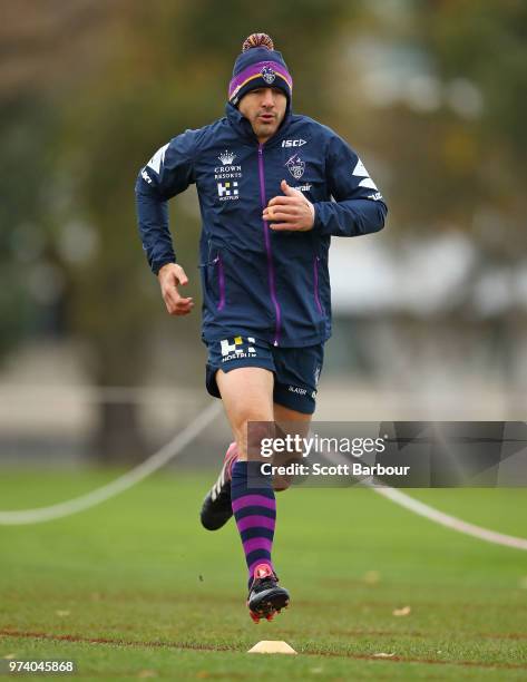 Billy Slater of the Storm performs a fitness test during a Melbourne Storm NRL training session at Gosch's Paddock on June 14, 2018 in Melbourne,...