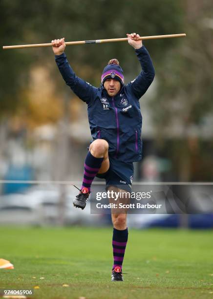 Billy Slater of the Storm performs a fitness test during a Melbourne Storm NRL training session at Gosch's Paddock on June 14, 2018 in Melbourne,...