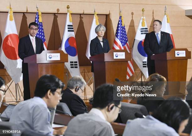 Japanese Foreign Minister Taro Kono, South Korean Foreign Minister Kang Kyung Wha and U.S. Secretary of State Mike Pompeo hold a joint press...