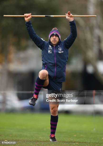 Billy Slater of the Storm performs a fitness test during a Melbourne Storm NRL training session at Gosch's Paddock on June 14, 2018 in Melbourne,...