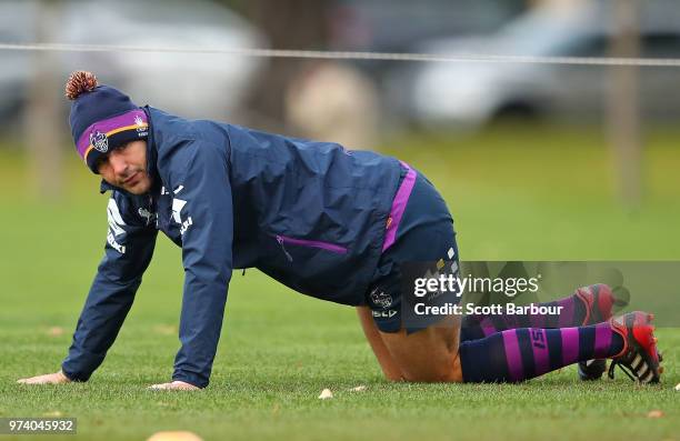 Billy Slater of the Storm performs a fitness test during a Melbourne Storm NRL training session at Gosch's Paddock on June 14, 2018 in Melbourne,...