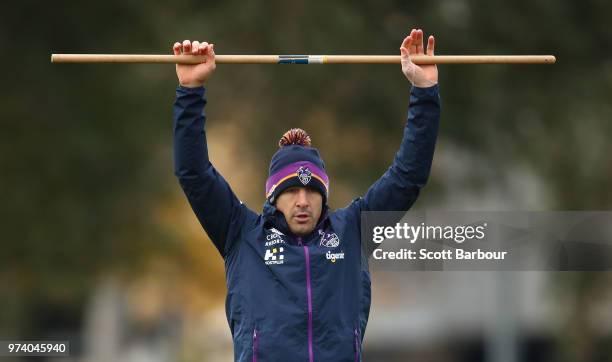 Billy Slater of the Storm performs a fitness test during a Melbourne Storm NRL training session at Gosch's Paddock on June 14, 2018 in Melbourne,...