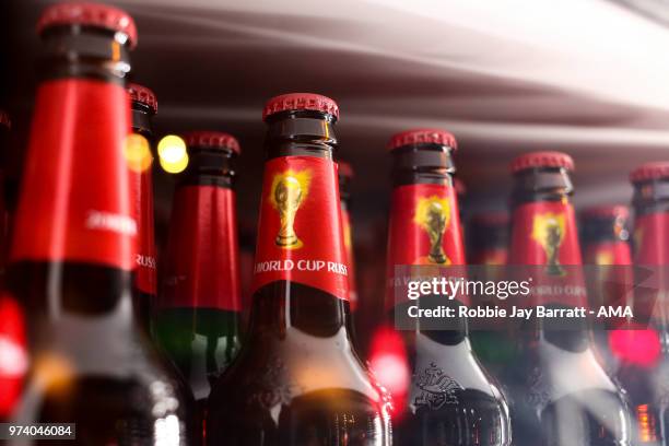 Detail view of Russia FIFA World Cup 2018 branded Budweiser beer bottles in a bar in Moscow on June 13, 2018 in Moscow, Russia.