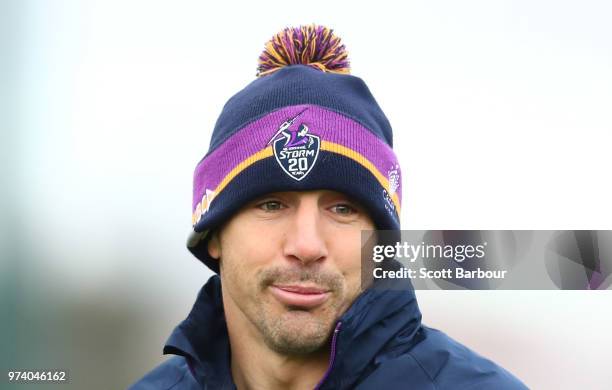 Billy Slater of the Storm looks on during a Melbourne Storm NRL training session at Gosch's Paddock on June 14, 2018 in Melbourne, Australia.