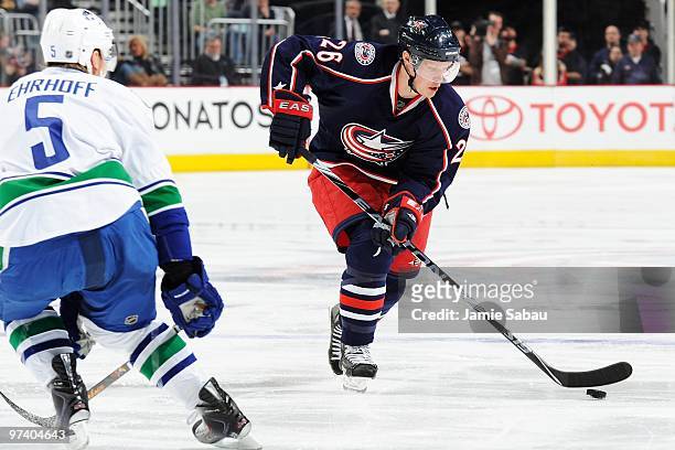 Forward Samuel Pahlsson of the Columbus Blue Jackets skates with the puck against the Vancouver Canucks on March 2, 2010 at Nationwide Arena in...