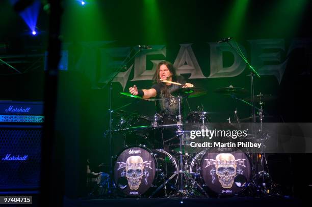 Shawn Drover of Megadeth performs on stage in concert at the Festival Hall on October 9, 2009 in Melbourne, Australia.