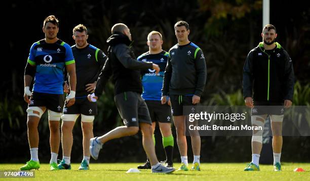 Melbourne , Australia - 14 June 2018; Ireland players, from left, Quinn Roux, Peter O'Mahony, John Ryan, Jonathan Sexton, and Robbie Henshaw watch...