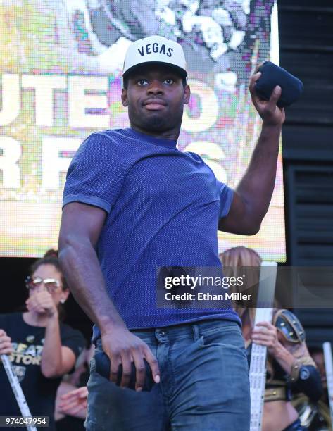 Malcolm Subban of the Vegas Golden Knights throws T-shirts to the crowd as he is introduced at the team's "Stick Salute to Vegas and Our Fans" event...