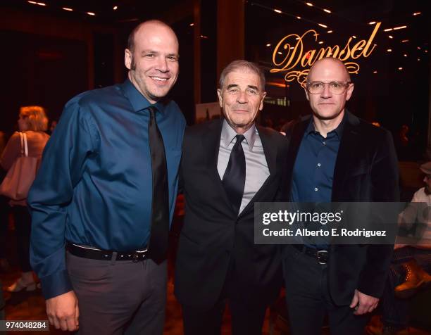 Nathan Zellner, Robert Forster and David Zellner attend the after party for the premiere of Magnolia Pictures' "Damsel" at ArcLight Hollywood on June...