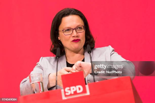 Chairwoman of the German Social Democratic party Andrea Nahles speaks during an event regarding 'Solidarity and Digital Capitalism' at...