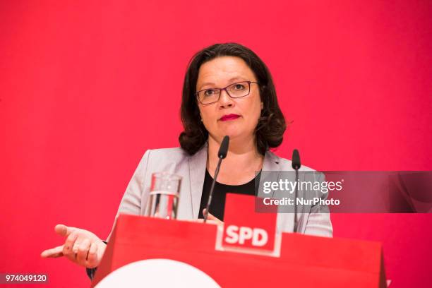 Chairwoman of the German Social Democratic party Andrea Nahles speaks during an event regarding 'Solidarity and Digital Capitalism' at...