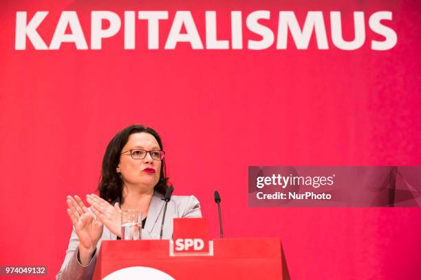 Chairwoman of the German Social Democratic party Andrea Nahles speaks during an event regarding 'Solidarity and Digital Capitalism' at...