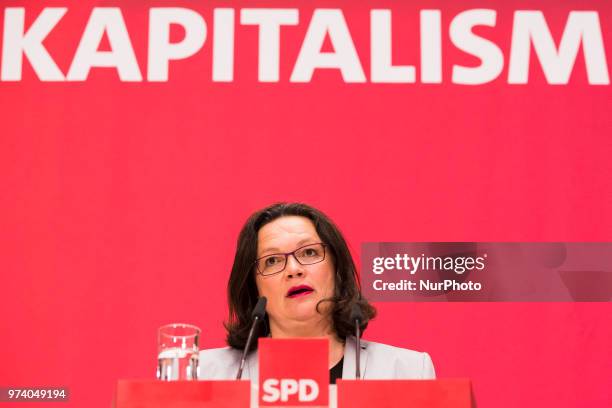 Chairwoman of the German Social Democratic party Andrea Nahles speaks during an event regarding 'Solidarity and Digital Capitalism' at...