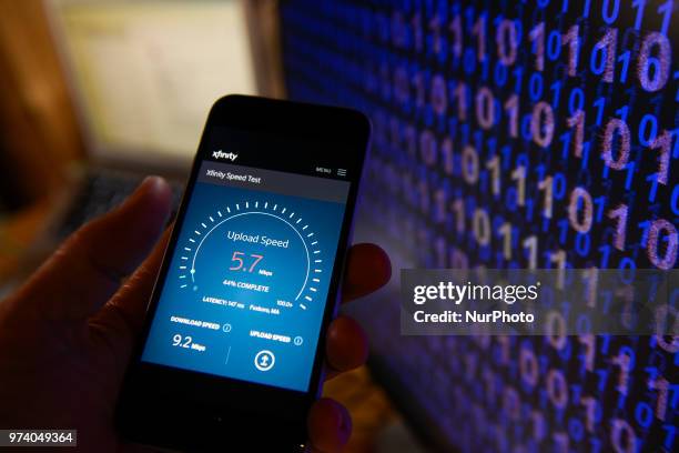 An internet speed test website is seen on a mobile device in this photo illustration on June 11, 2018 in Warsaw, Poland. With the American Federal...