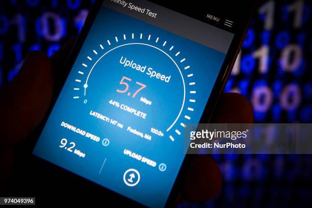 An internet speed test website is seen on a mobile device in this photo illustration on June 11, 2018 in Warsaw, Poland. With the American Federal...
