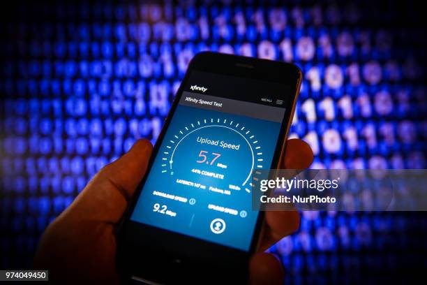 An internet speed test website is seen on a mobile device in this photo illustration on June 11, 2018 in Warsaw, Poland. With the American Federal...