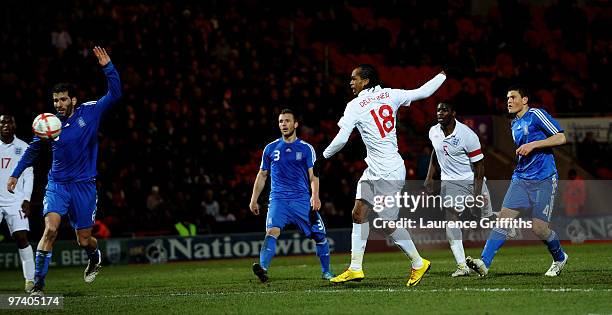 Nathan Delfouneso of England scores during the UEFA Under 21 Championship Qualifying match between England and Greece at the Keepmoat Stadium on...