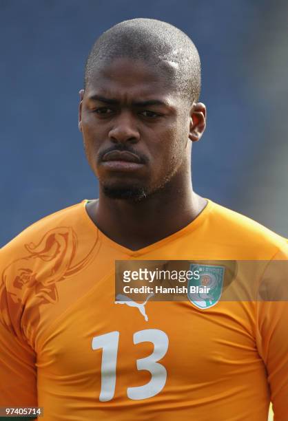 Dri Koffi Romaric of Ivory Coast looks on during the national anthems ahead of the International Friendly match between Ivory Coast and Republic of...