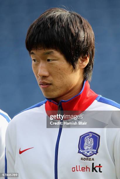 Park Ji-Sung of Korea looks on during the national anthems ahead of the International Friendly match between Ivory Coast and Republic of Korea played...