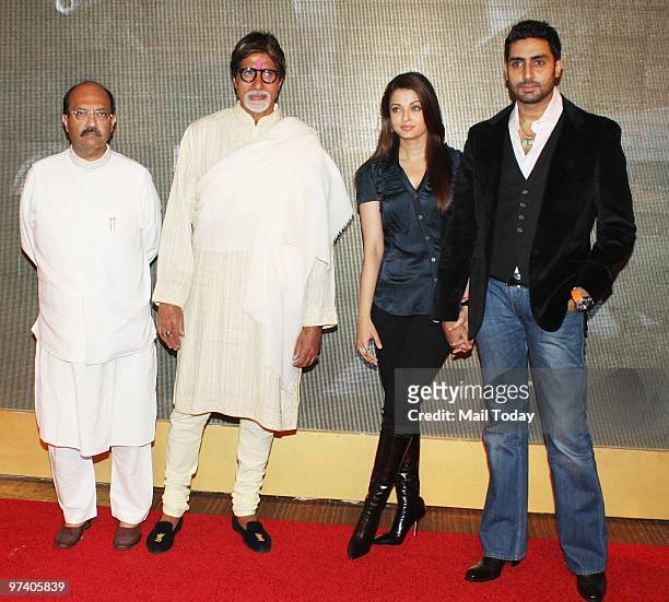 Amar Singh, Amitabh Bachchan, Aishwarya Rai and Abhihek Bachchan at Big Pictures' success bash held in Mumbai on February 28, 2010.