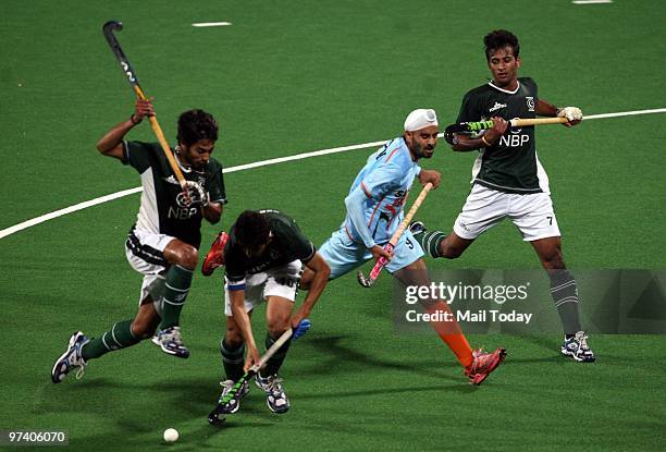 Indian player Sandeep Singh in action at the pool B match of India against Pakistan at the Hockey World Cup in New Delhi on February 28, 2010.